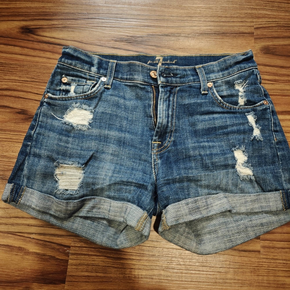 7 For All Mankind Distressed Dark Blue Cuffed Denim Shorts